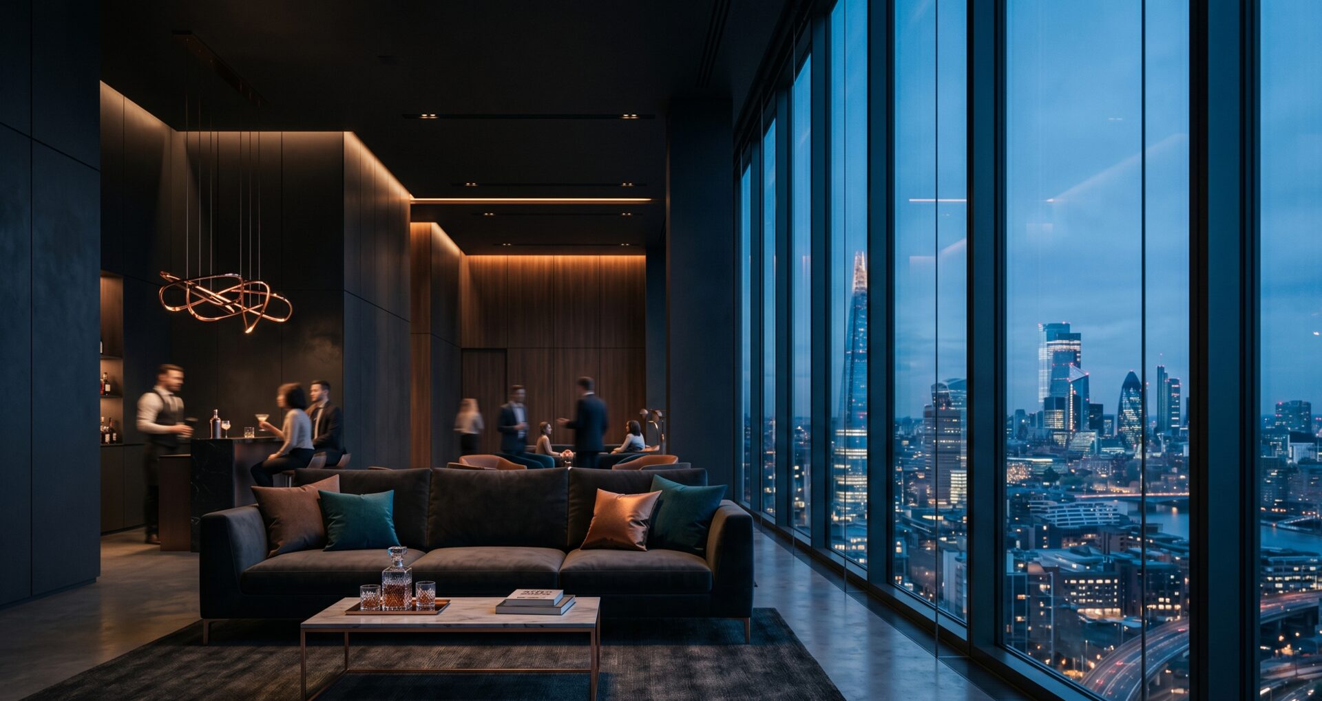 Lounge con parete vetrata trasparente, skyline visibile