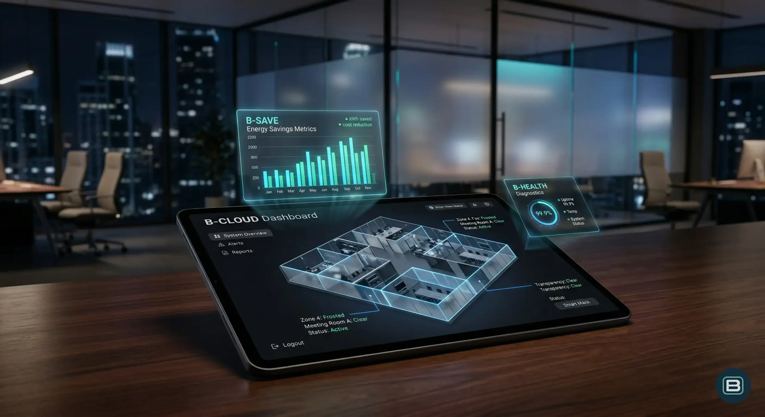 Interfaccia B-CLOUD Dashboard per il monitoraggio energetico e la gestione remota di vetrate intelligenti PDLC.
