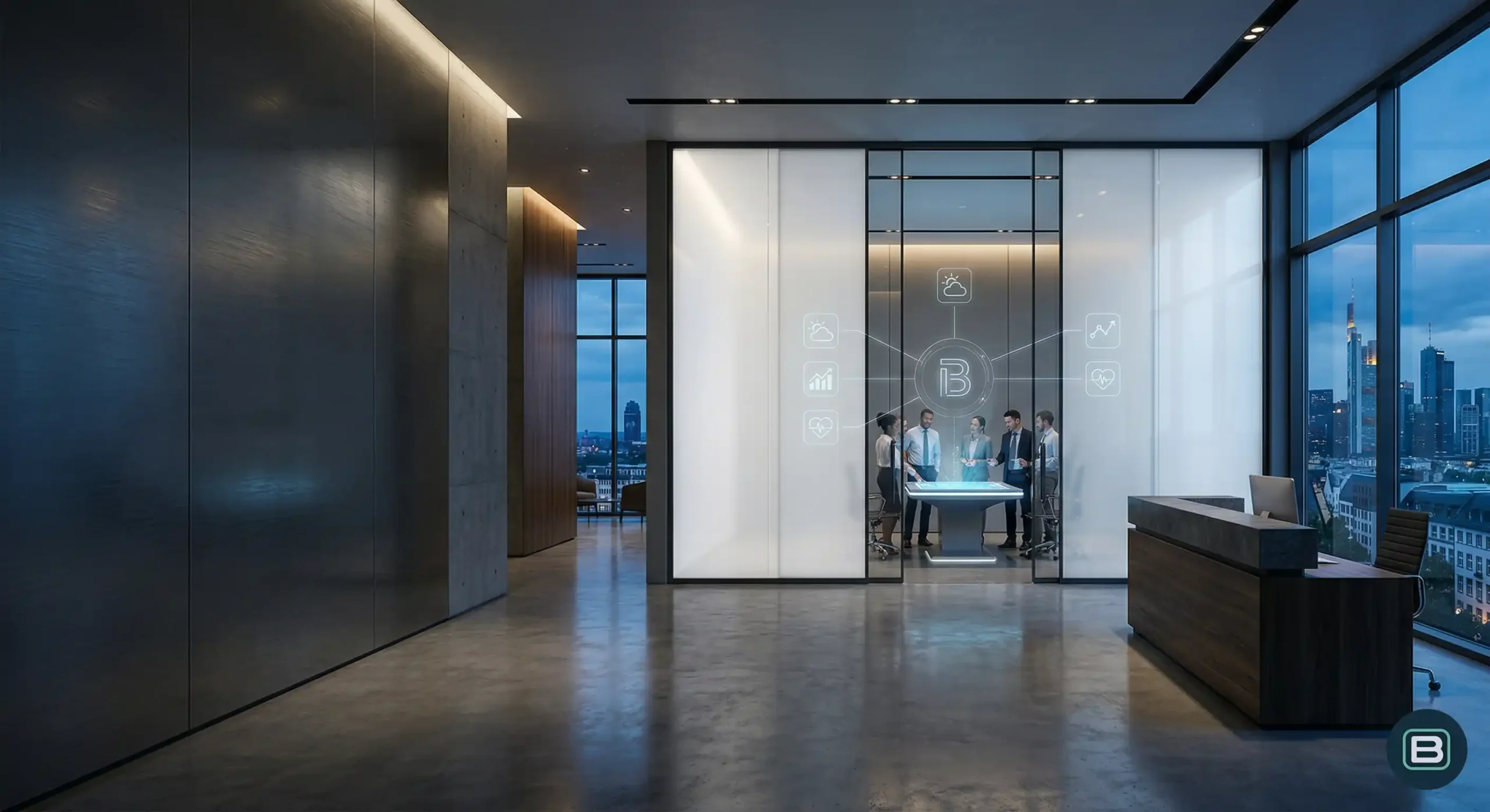 Copertina iper-realistica della sezione hero per la pagina B-LOGIC, con vetro intelligente PDLC, Soft-Dimming e interfaccia olografica per il controllo degli ecosistemi dotato di Sistema di automazione vetrate PDLC B-LOGIC