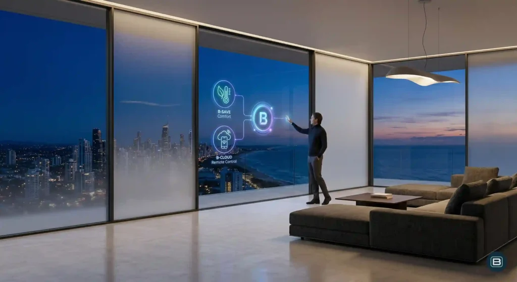 Attico di lusso con vetrate intelligenti B-LOGIC gestite tramite interfaccia olografica per il controllo remoto della trasparenza dotato di Sistema di automazione vetrate PDLC B-LOGIC