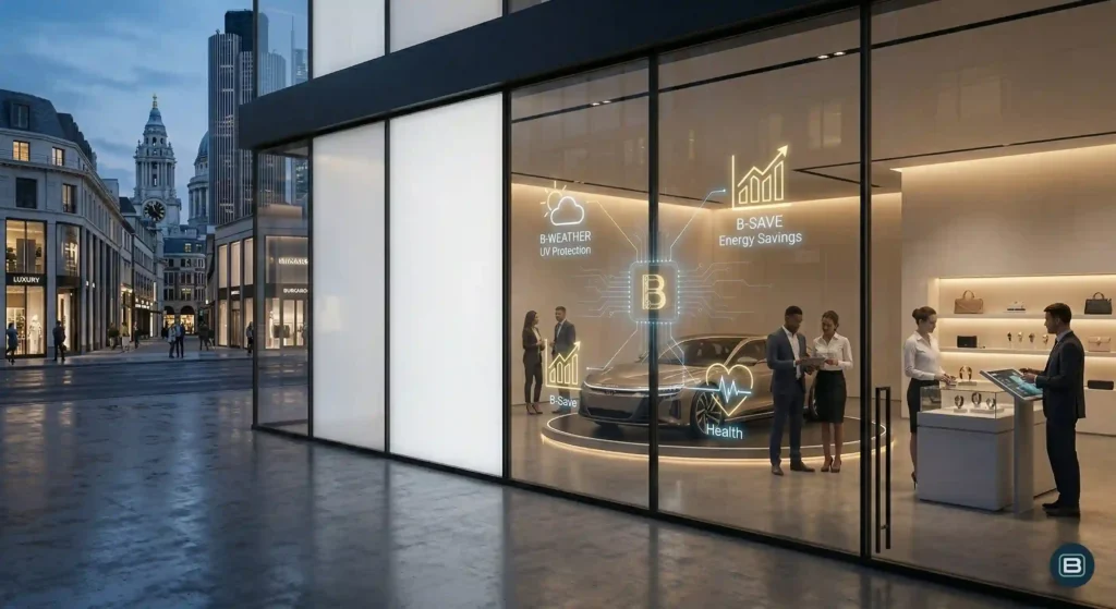 Vetrina di uno showroom di lusso con vetri PDLC B-TECH che mostra la protezione UV automatizzata e i dati di risparmio energetico B-SAVE e Sistema di automazione vetrate PDLC B-LOGIC