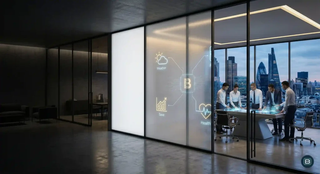 Parete in vetro intelligente B-LOGIC in un ufficio moderno con funzione di soft-dimming per la privacy delle sale riunioni con Sistema di automazione vetrate PDLC B-LOGIC