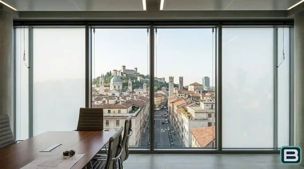 Smart Glass installato a Brescia su vetrate palazzo dove si vedono le classiche architetture cittadine